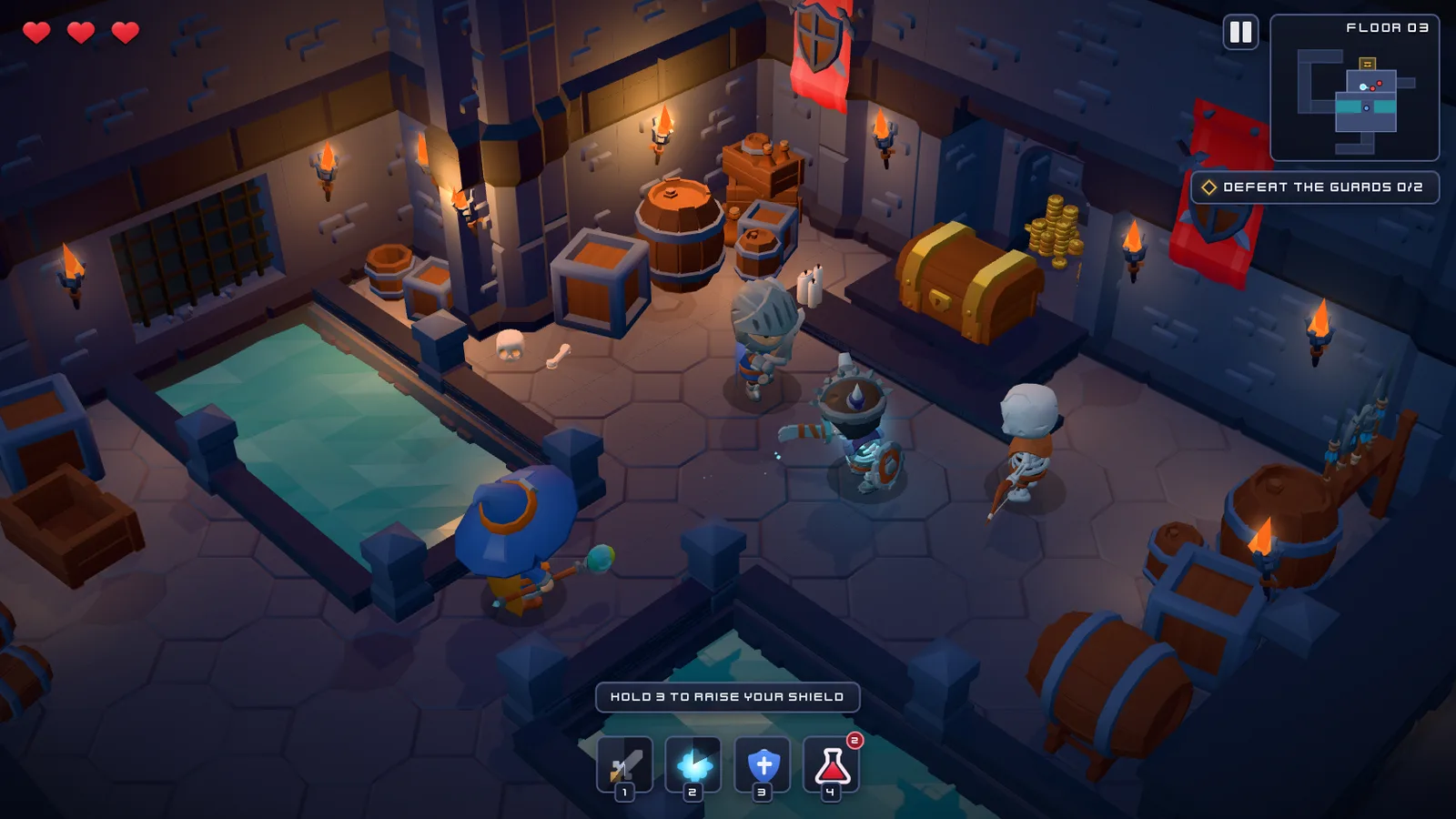Vault of Embers: a knight and a mage fighting skeletons in a torch-lit dungeon hall