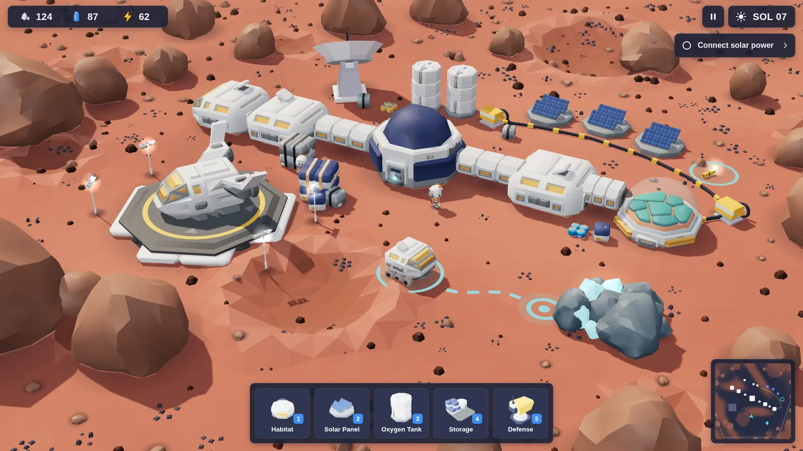 Red Horizon: a white Mars base with a domed hub, solar panels, a landing pad and a rover beside a crystal deposit